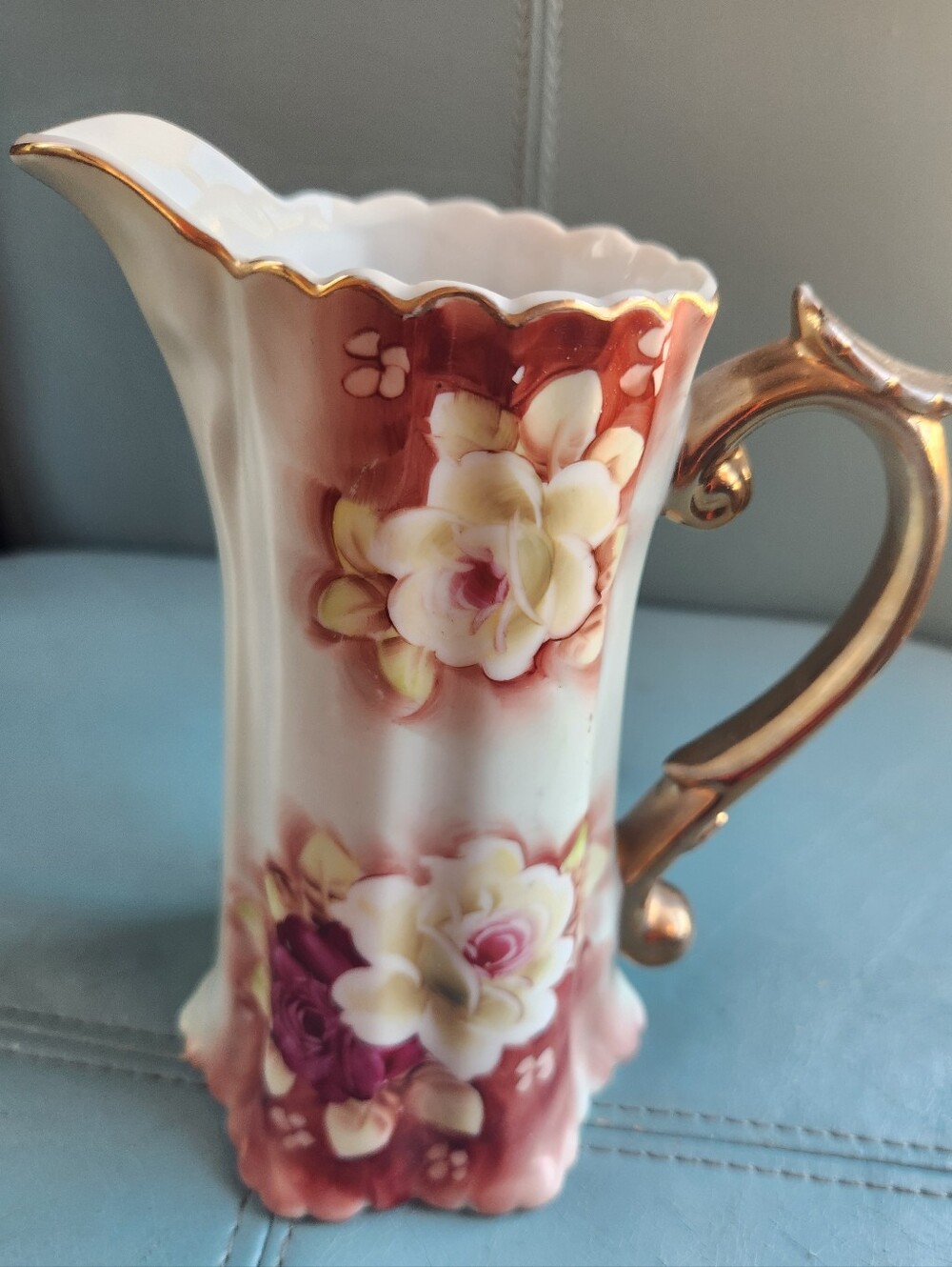 VTG NIPPON Hand Painted Pitcher JAPAN Floral Pale Green PINKS Vase Gold Trim EVC